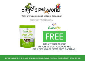 Buy any NutriSource or PureVita cat formulas and get a free bag of freeze dried cat treats.