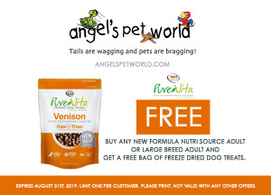 NutriSource Dog Food Buy any new formula NutriSource Dog food Adult or Large Breed adult and get a free bag of Freeze Dried Dog Treats.